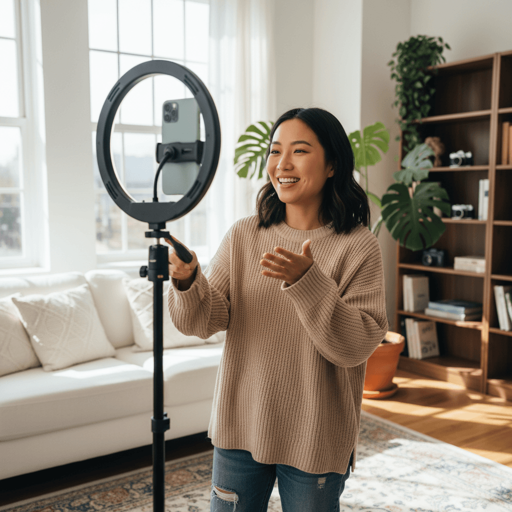 A content creator filming a video with a ring light